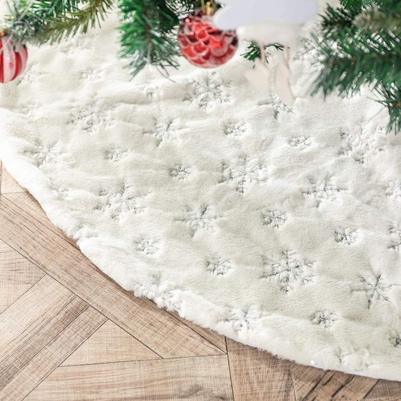 Amidaky Christmas Tree Skirt 30 inches White Faux Fur Silver Snowflake Sequin Embroidered Luxury Tree Skirt Xmas Decoration - Image 1